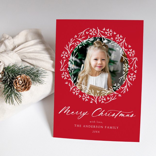 Elegant Snowflake Wreath Red Photo Holiday Card (Creator Uploaded)