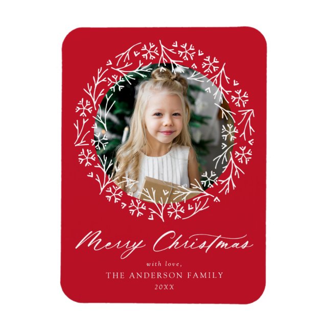 Elegant Snowflake Wreath Red Photo Magnet (Vertical)