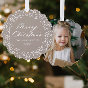 Elegant Snowflake Wreath Taupe Photo Christmas Tree Decoration Card