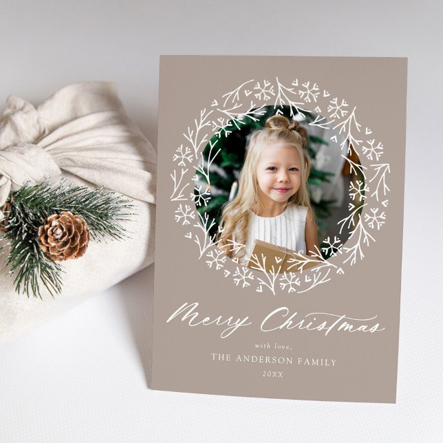 Elegant Snowflake Wreath Taupe Photo Holiday Card (Creator Uploaded)