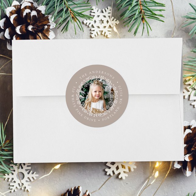 Elegant Snowflake Wreath Taupe Return Address Classic Round Sticker (Creator Uploaded)