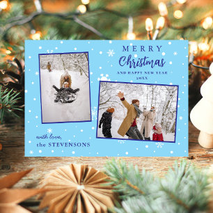 Elegant Snowflakes 2 Photo Blue Merry Christmas Holiday Card