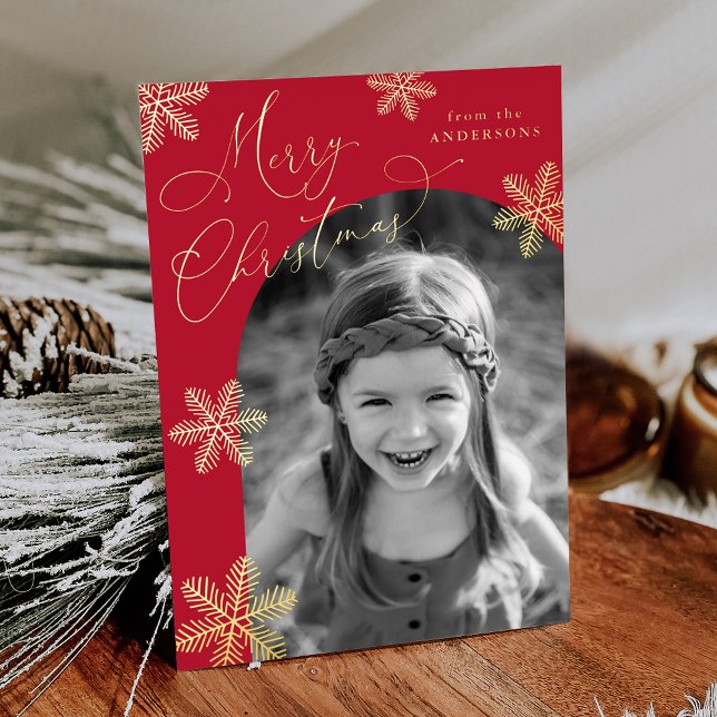 Elegant Snowflakes 2 Photo Red and Gold Foil Holiday Card (Creator Uploaded)