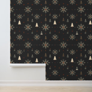 Elegant Snowflakes and Christmas Trees on Black Wallpaper