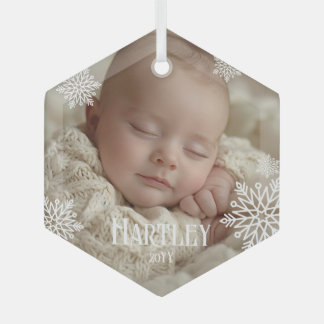 Elegant Snowflakes Baby Photo Name Year Christmas Glass Tree Decoration