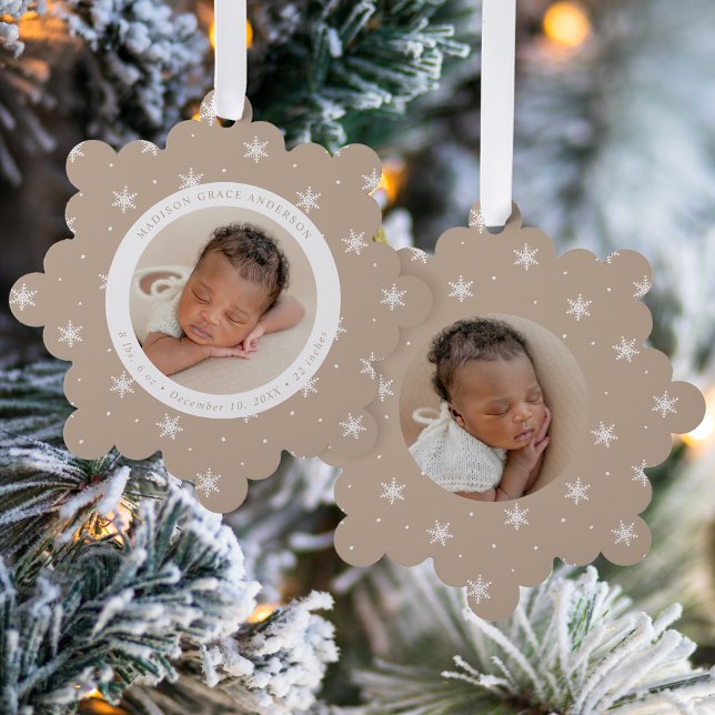 Elegant Snowflakes Beige Baby's First Christmas Tree Decoration Card (Creator Uploaded)
