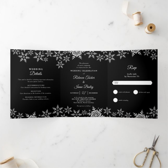Elegant Snowflakes Black & White Winter Wedding Tri-Fold Invitation (Inside)