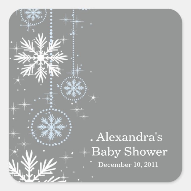 Elegant Snowflakes Blue & Grey Baby Shower Square Square Sticker (Front)