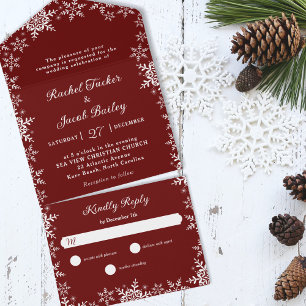 Elegant Snowflakes Border Red Christmas Wedding All In One Invitation