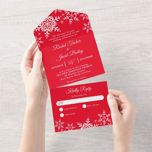 Elegant Snowflakes Christmas Bright Red Wedding All In One Invitation (Tearaway)