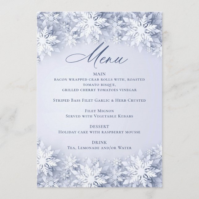 Elegant Snowflakes Christmas Holiday Dinner Party Menu (Front)