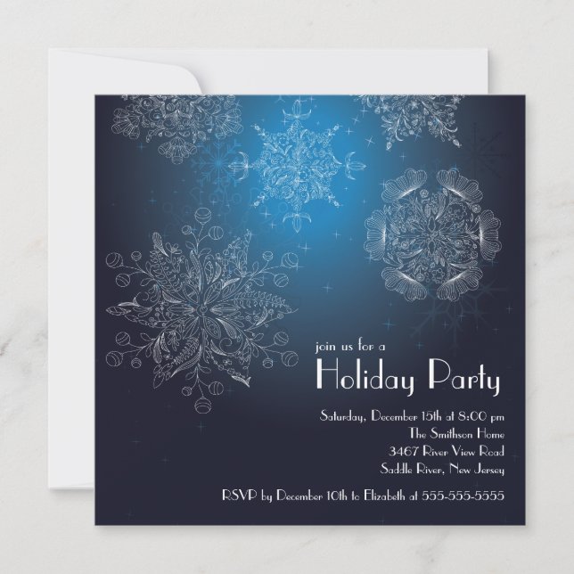 Elegant Snowflakes Christmas Holiday Party Blue Invitation (Front)