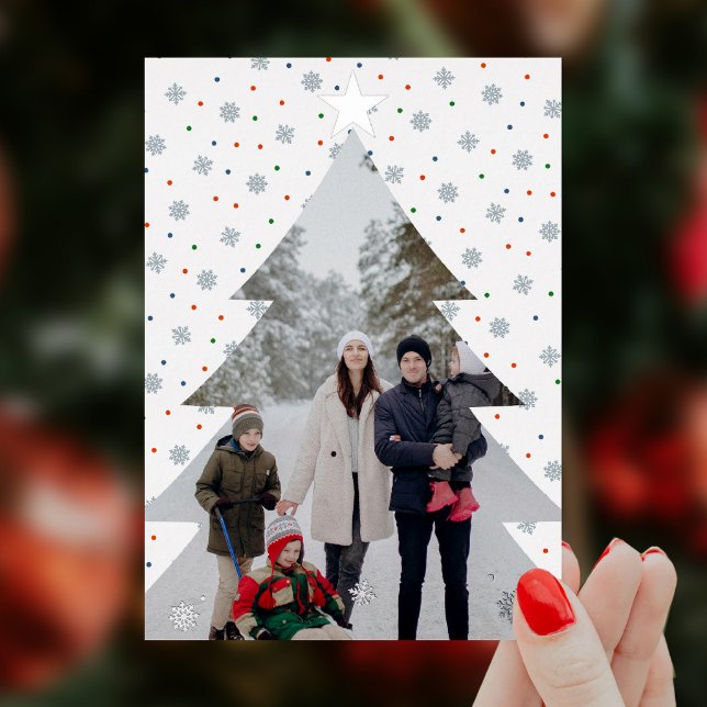 Elegant snowflakes christmas tree photo foil holiday card (Elegant snowflake personalized Christmas photo card with snow and colourful polka dots with foil)