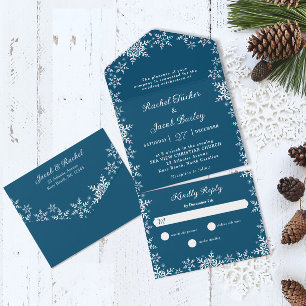 Elegant Snowflakes Dark Blue Christmas Wedding All In One Invitation