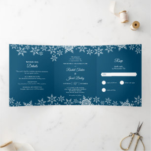 Elegant Snowflakes Dark Blue Navy Winter Wedding Tri-Fold Invitation