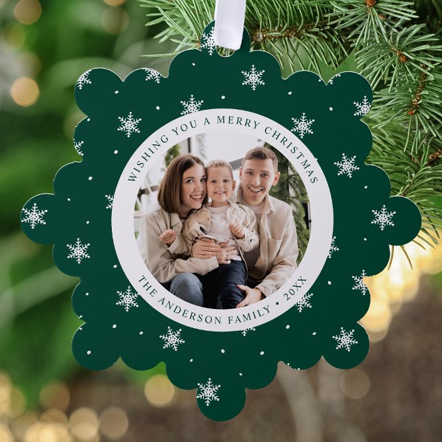 Elegant Snowflakes Green 2 Photo Holiday Tree Decoration Card (Creator Uploaded)