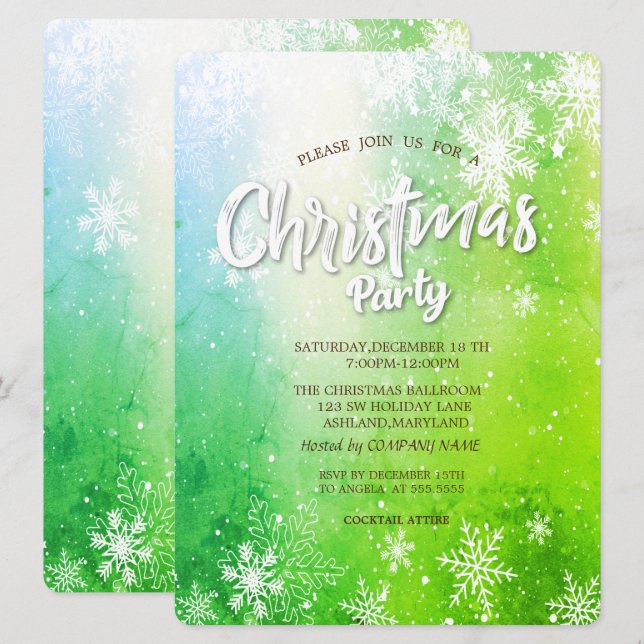Elegant Snowflakes Green Christmas Company Invitation (Front/Back)