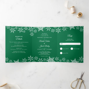 Elegant Snowflakes Green Christmas Winter Wedding Tri-Fold Invitation