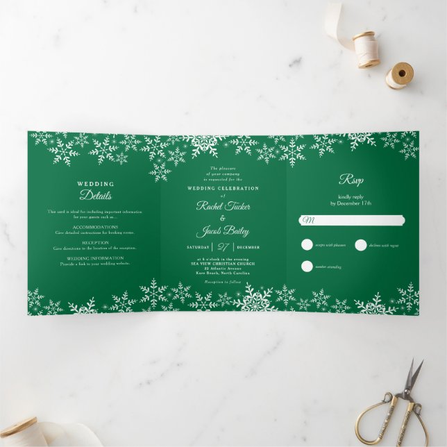 Elegant Snowflakes Green Christmas Winter Wedding Tri-Fold Invitation (Inside)