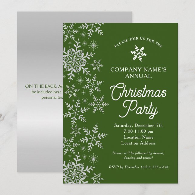 Elegant Snowflakes Green Company Christmas Party Invitation (Front/Back)