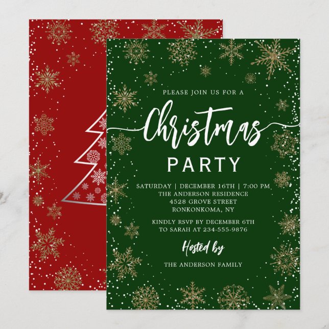 Elegant Snowflakes Green Red Christmas Party Invitation (Front/Back)