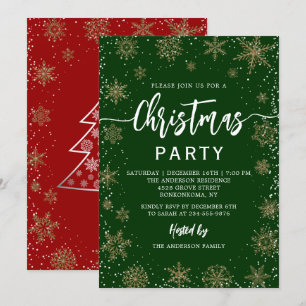 Elegant Snowflakes Green Red Christmas Party Invitation
