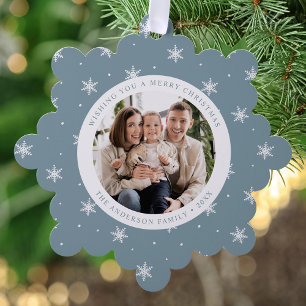 Elegant Snowflakes Ice Blue 2 Photo Holiday Tree Decoration Card