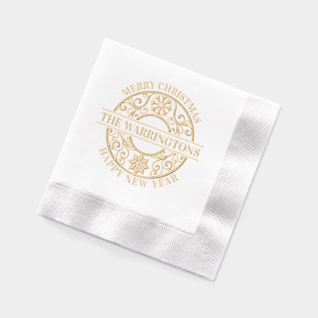 Elegant Snowflakes Lacy Filigree Family Name Foil Napkins (Left)