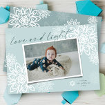 Elegant Snowflakes Love And Light Hanukkah Photo Holiday Card<br><div class="desc">Elegant White Winter Snowflakes Flower 'Love And Light' In Handwriting Script, Hanukkah Photo Card. The handwriting script and background can be changed to any colour of your choice. Designed / original artwork by fat*fa*tin. Easy to personalise with your own text message, name, year, photo, or image. More editing features are...</div>