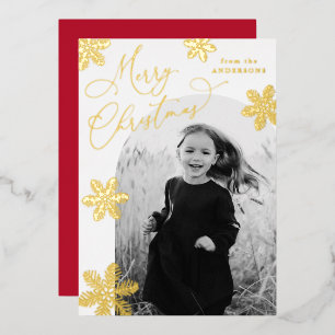 Elegant Snowflakes Merry Christmas 2 Photo Gold Foil Holiday Card