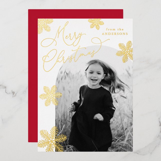 Elegant Snowflakes Merry Christmas 2 Photo Gold Foil Holiday Card (Front/Back)