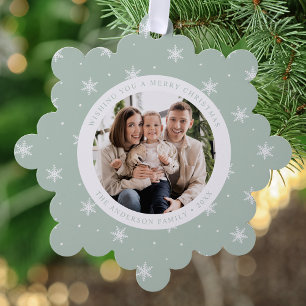 Elegant Snowflakes Mint Green 2 Photo Holiday Tree Decoration Card