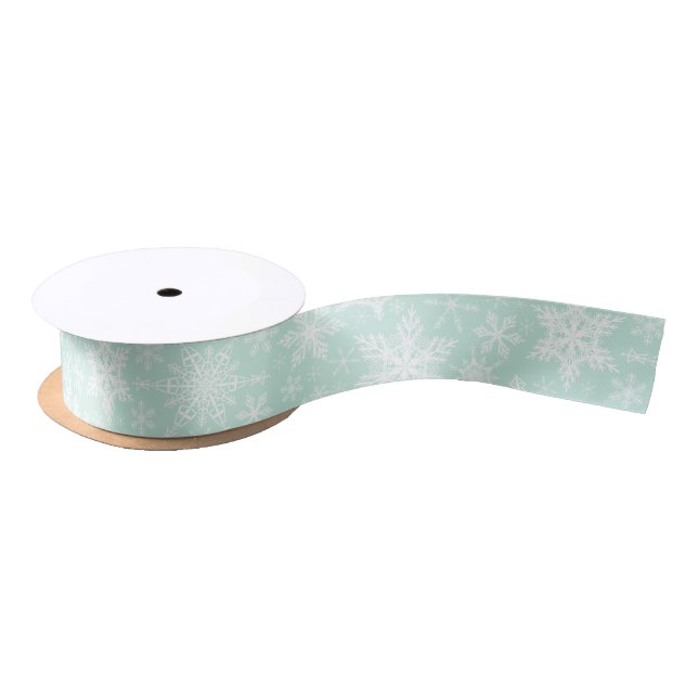 Elegant Snowflakes Mint Green Christmas Satin Ribbon (Spool)