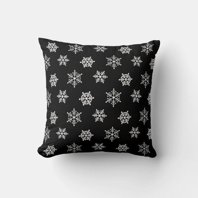 Elegant Snowflakes on Black Cushion (Front)