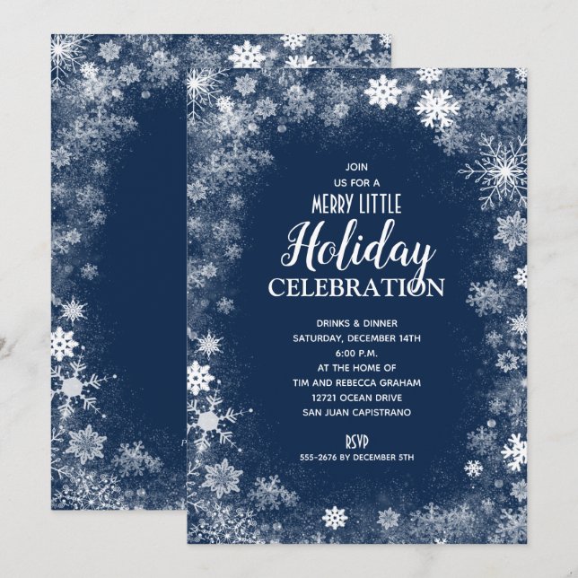 Elegant Snowflakes on Navy Holiday Invitations (Front/Back)