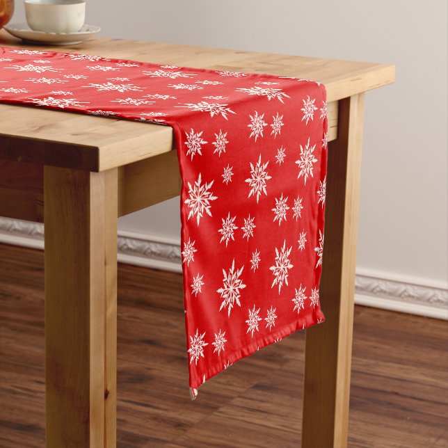 Elegant snowflakes on red short table runner (In Situ)