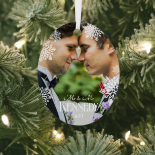 Elegant Snowflakes Photo Mr & Mr 1st Christmas Metal Tree Decoration