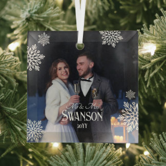Elegant Snowflakes Photo Mr & Mrs 1st Christmas Glass Tree Decoration