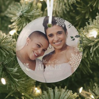 Elegant Snowflakes Photo Mrs & Mrs 1st Christmas Glass Tree Decoration