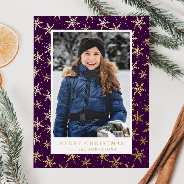 Elegant Snowflakes Photo Purple and Gold Foil Holiday Postcard (Creator Uploaded)