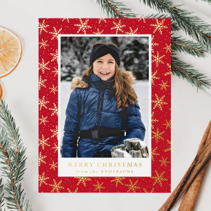 Elegant Snowflakes Photo Red and Gold Foil Holiday Postcard