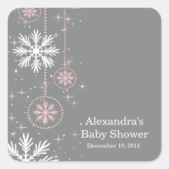 Elegant Snowflakes Pink & Grey Baby Shower Square Square Sticker (Front)