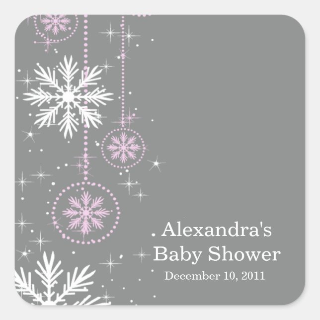 Elegant Snowflakes Pink & Grey Baby Shower Square Square Sticker (Front)