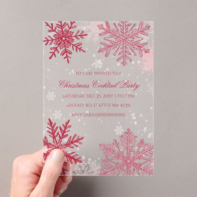 Elegant Snowflakes Pink Red Christmas Cocktails Acrylic Invitations (Insitu (Handheld))