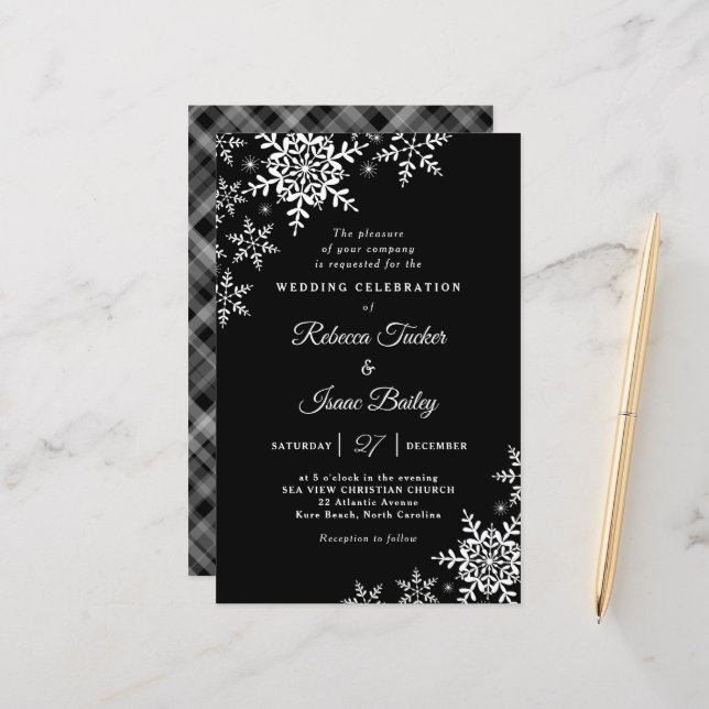 Elegant Snowflakes Plaid Black Wedding Invitation (Front/Back In Situ)