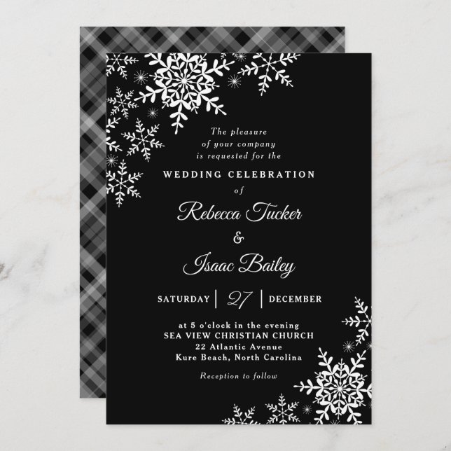 Elegant Snowflakes Plaid Black & White Wedding Invitation (Front/Back)