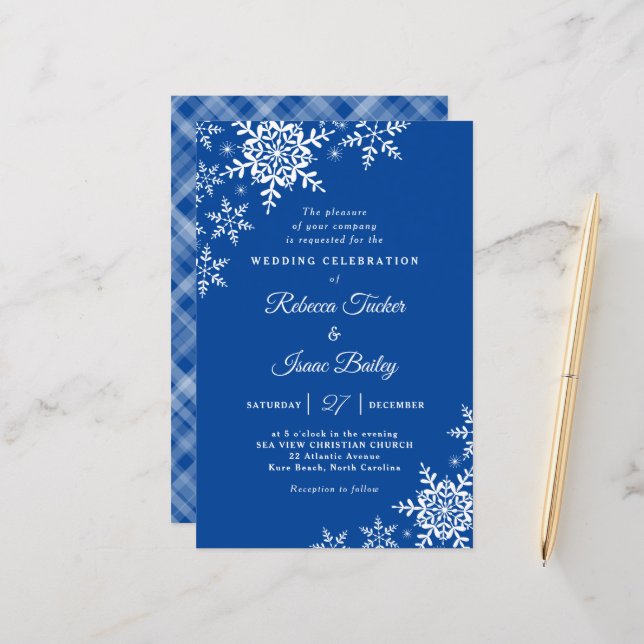 Elegant Snowflakes Plaid Blue Wedding Invitation (Front/Back In Situ)