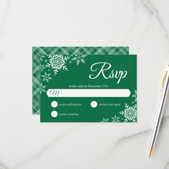 Elegant Snowflakes Plaid Dark Green Wedding RSVP Card (Front/Back In Situ)
