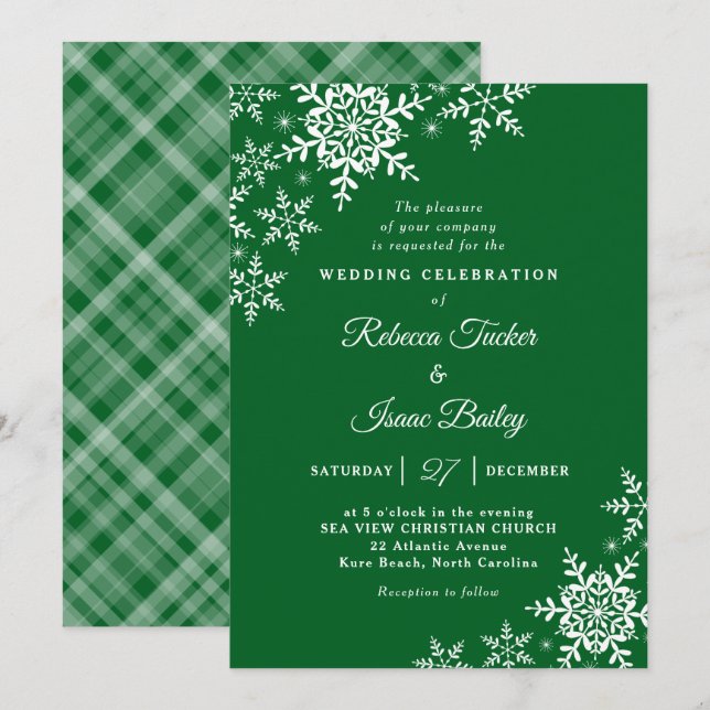 Elegant Snowflakes Plaid Forest Green Wedding Invitation (Front/Back)