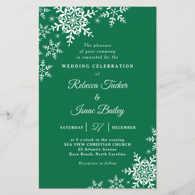 Elegant Snowflakes Plaid Green Wedding Invitation (Front)